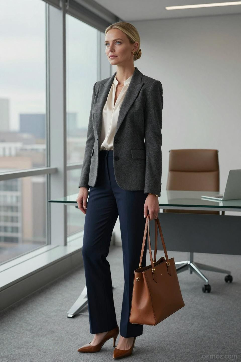 smart casual work outfit women featuring charcoal gray blazer and navy wide-leg trousers