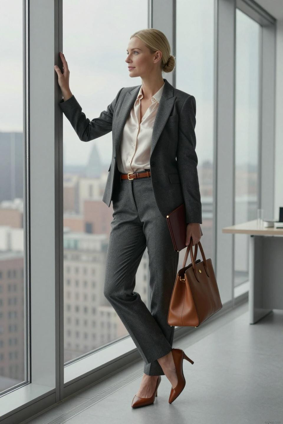 boss lady outfit featuring charcoal gray blazer and ivory silk blouse