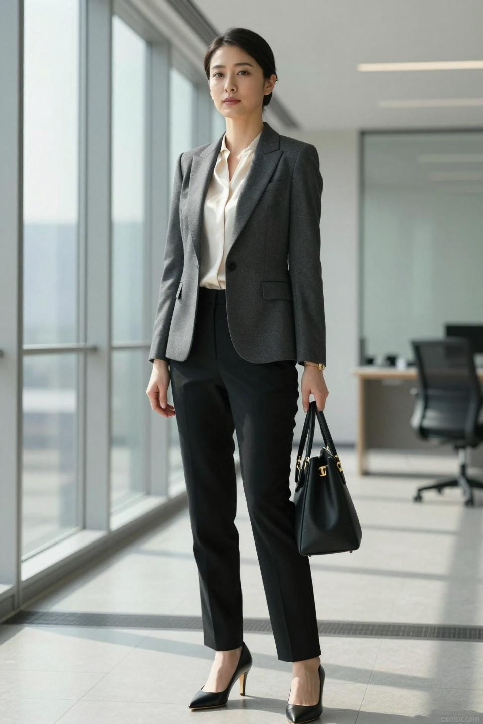 classy work outfits featuring structured charcoal blazer and ivory silk blouse
