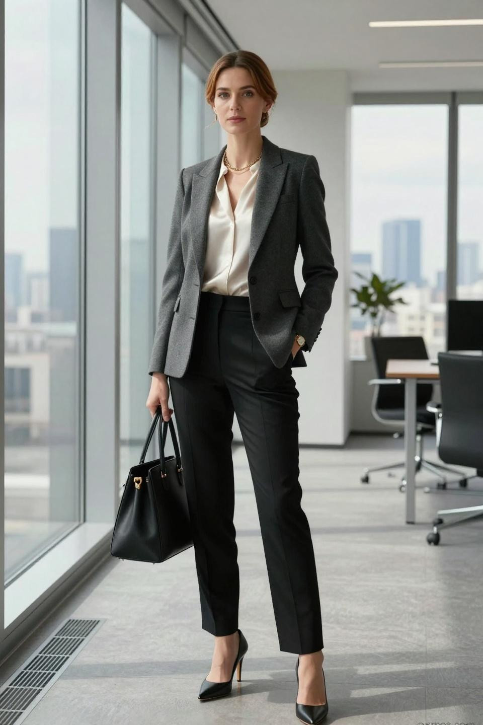 stylish work outfits with charcoal wool blazer and ivory silk shell