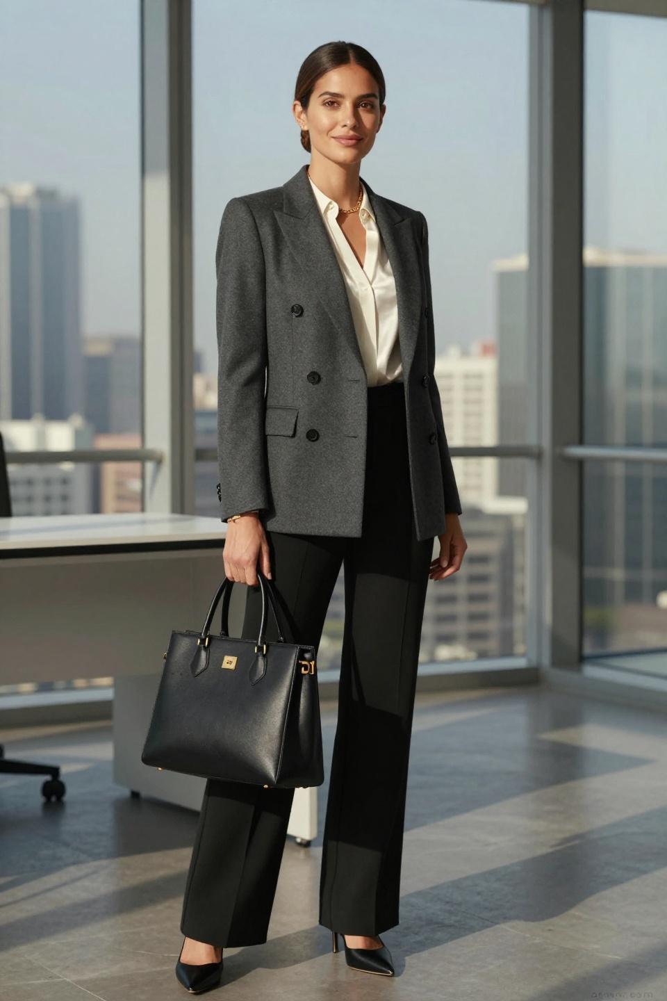 cute professional outfits featuring double-breasted charcoal blazer