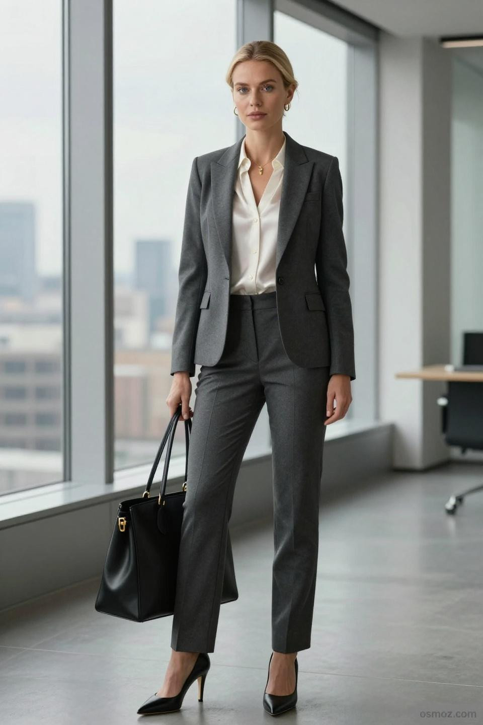 formal outfits for women showcasing charcoal blazer and ivory silk blouse
