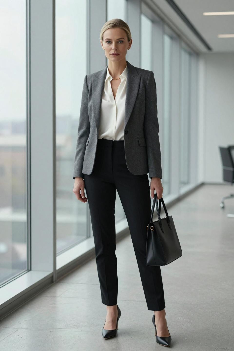 office look featuring charcoal grey blazer and black cigarette pants