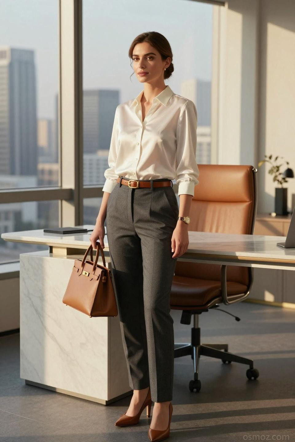 work style office outfit with ivory silk blouse and charcoal wool trousers