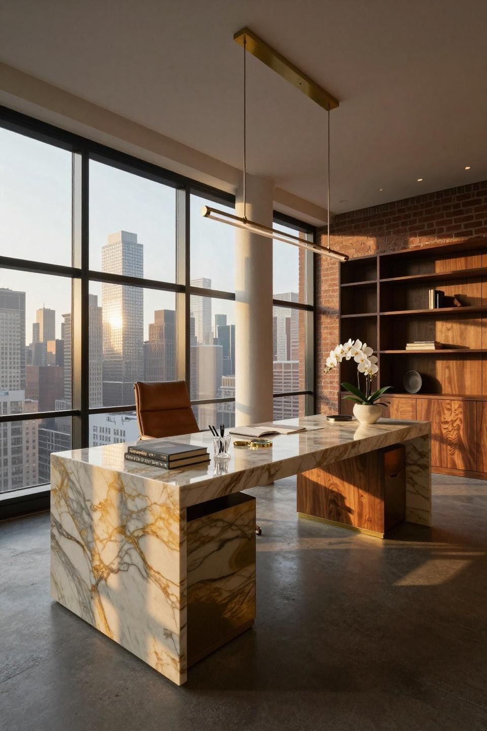 Office job aesthetic featuring book-matched Calacatta marble desk overlooking Manhattan