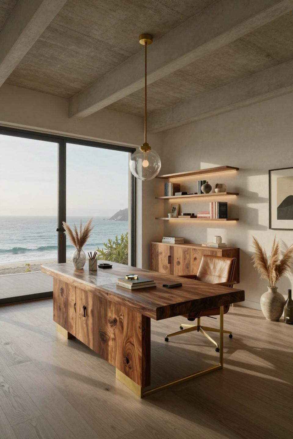 Office job aesthetic showing floating walnut desk with ocean views and brass details
