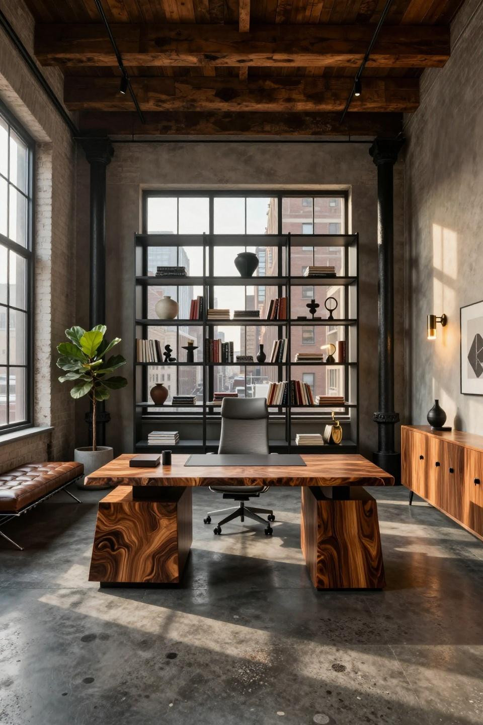 Office job aesthetic featuring walnut burl waterfall desk with leather surface