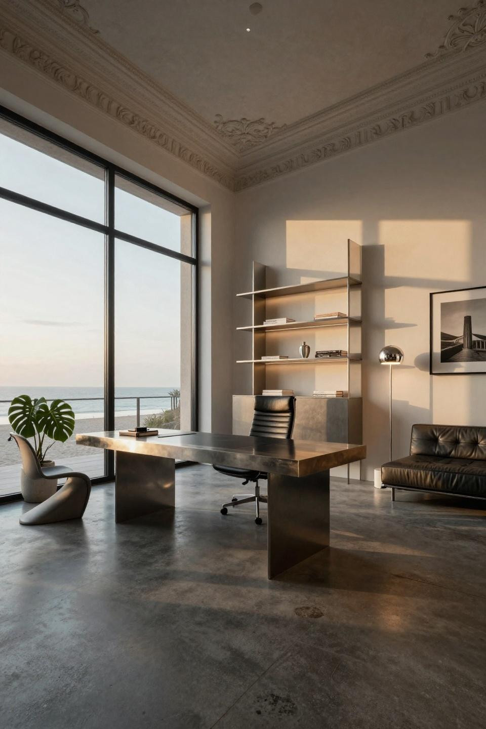 Office job aesthetic featuring cantilevered blackened steel desk with Douglas fir