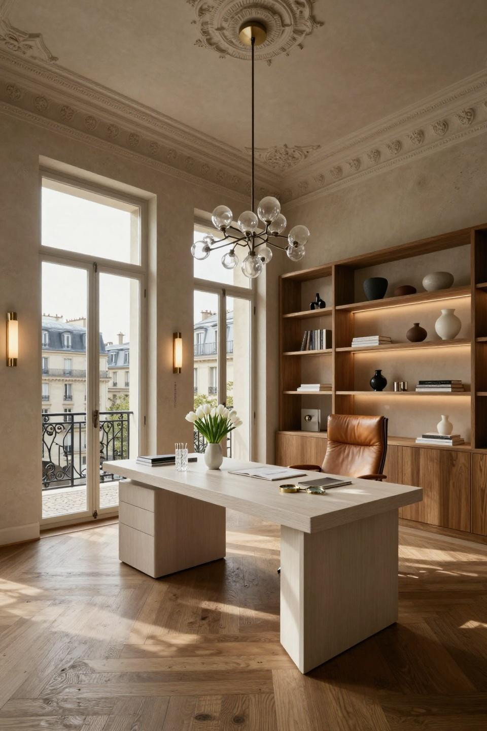 Out of office aesthetic displaying Minotti white oak desk with Poliform shelving