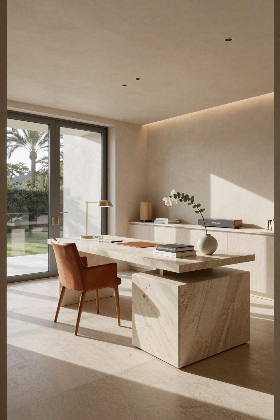 Office life aesthetic showing French limestone desk with integrated oak storage