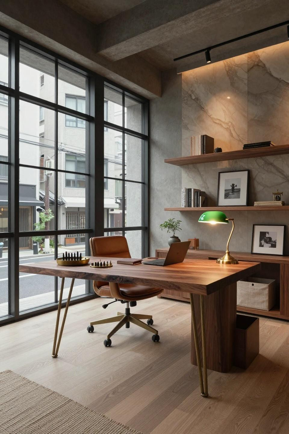 Office vibes aesthetic featuring hand-finished walnut desk with live edge detail
