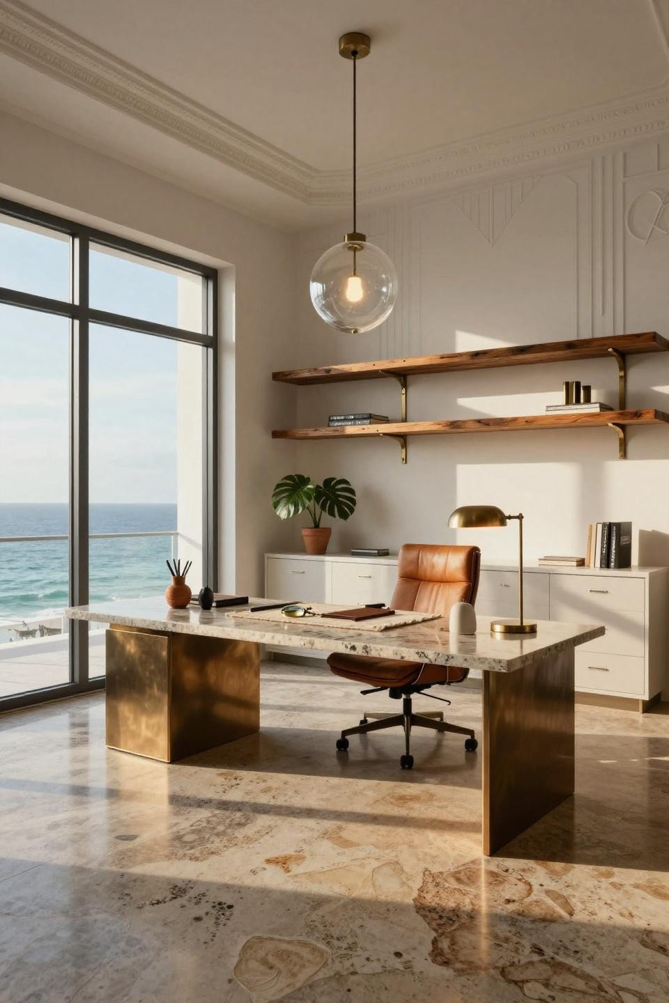 Work from home set up displaying cantilevered travertine desk with bronze details