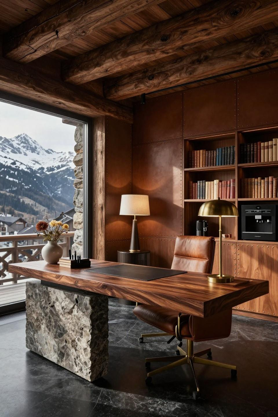 Work table aesthetic showing rosewood cantilevered desk with integrated leather surface
