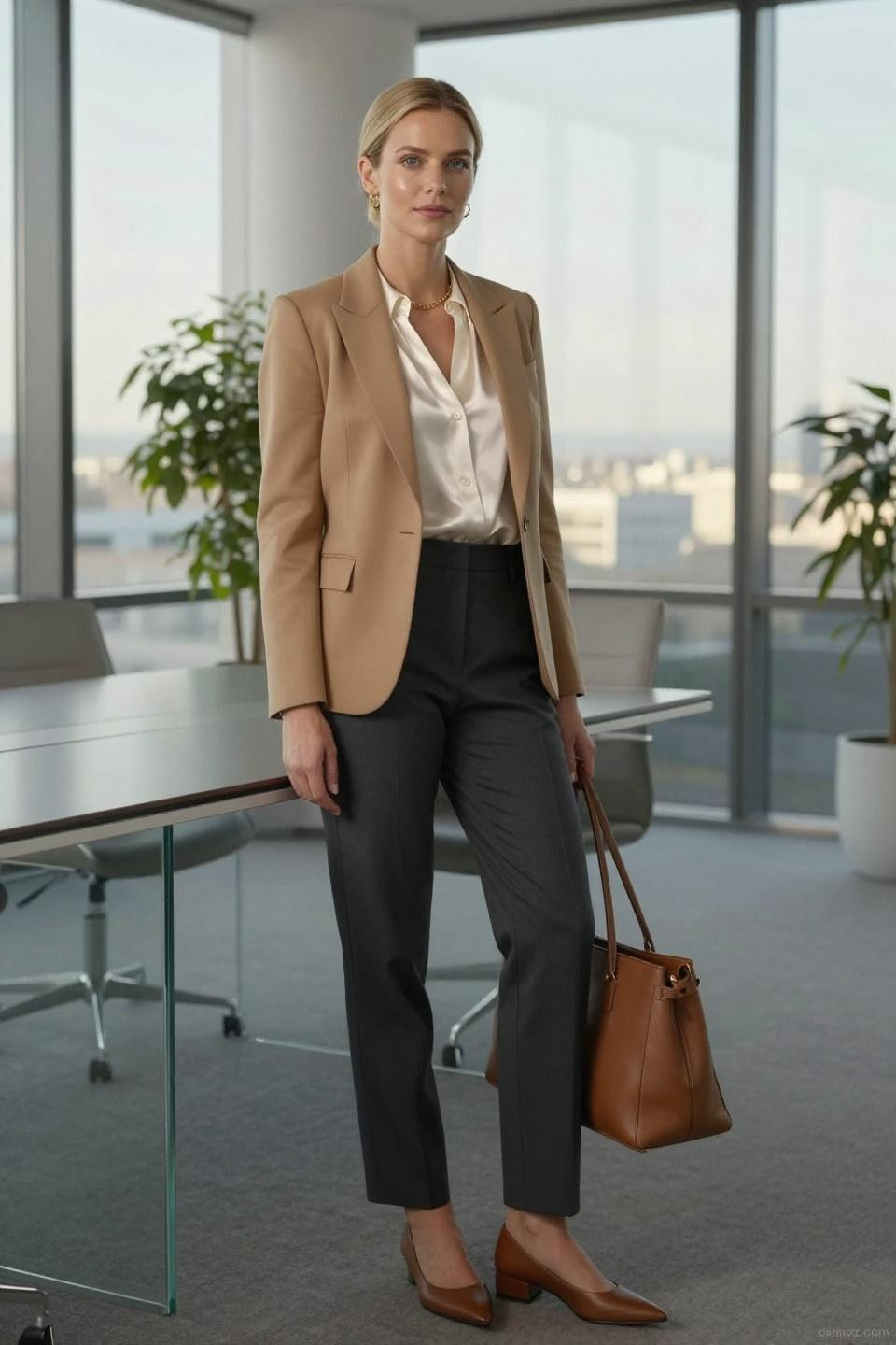 Teacher Outfits camel blazer ivory silk blouse charcoal trousers professional education styling