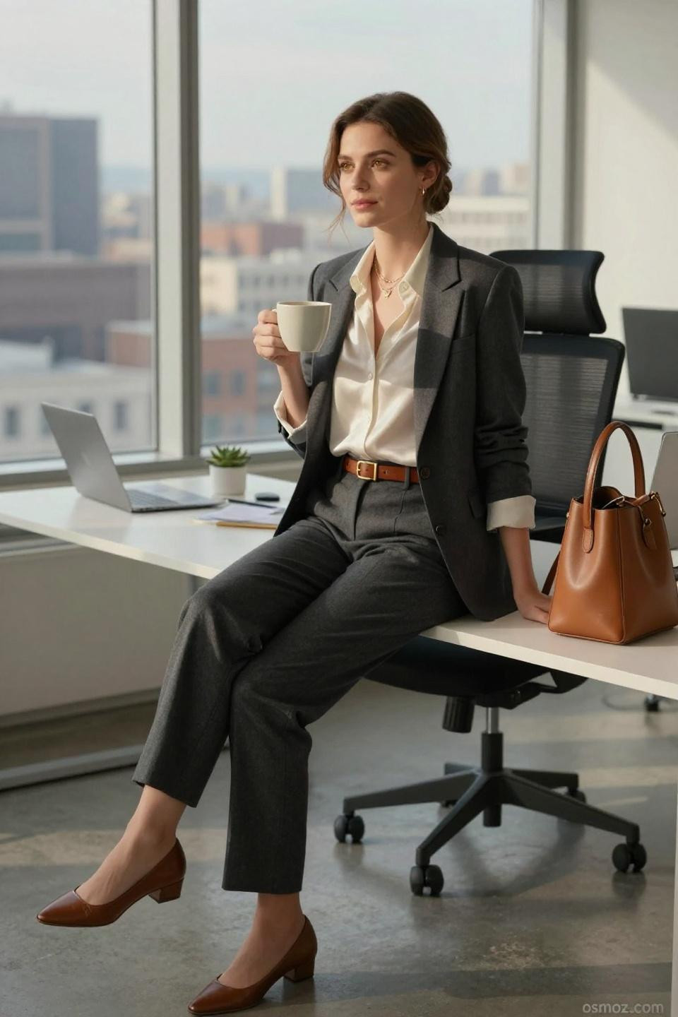 Smart Casual Work Outfit Women ivory silk blouse charcoal trousers versatile professional styling