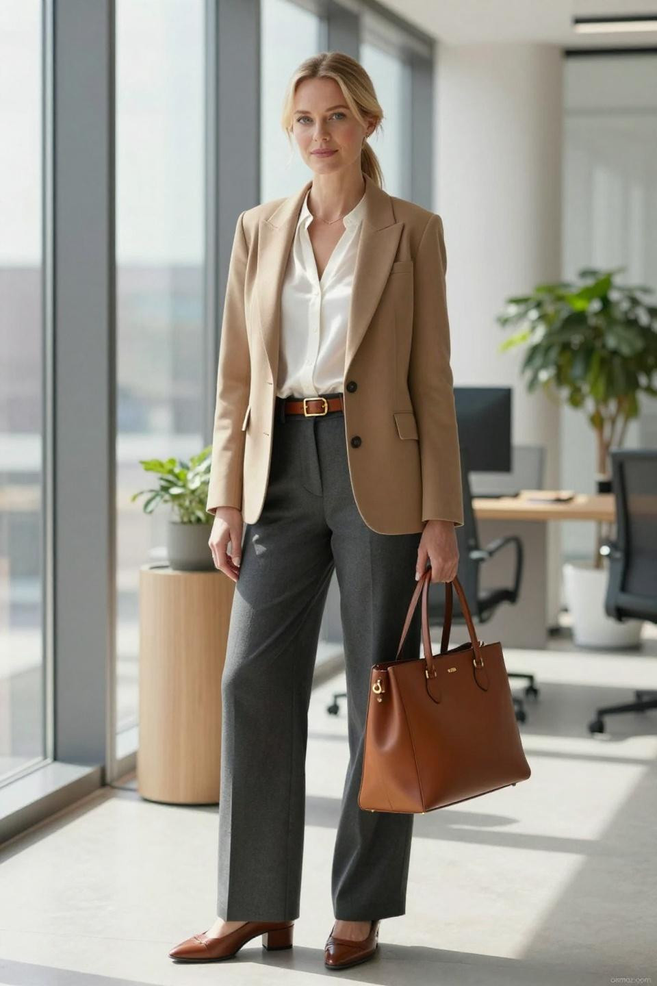 Smart Casual Women camel blazer white silk blouse charcoal trousers sophisticated professional styling