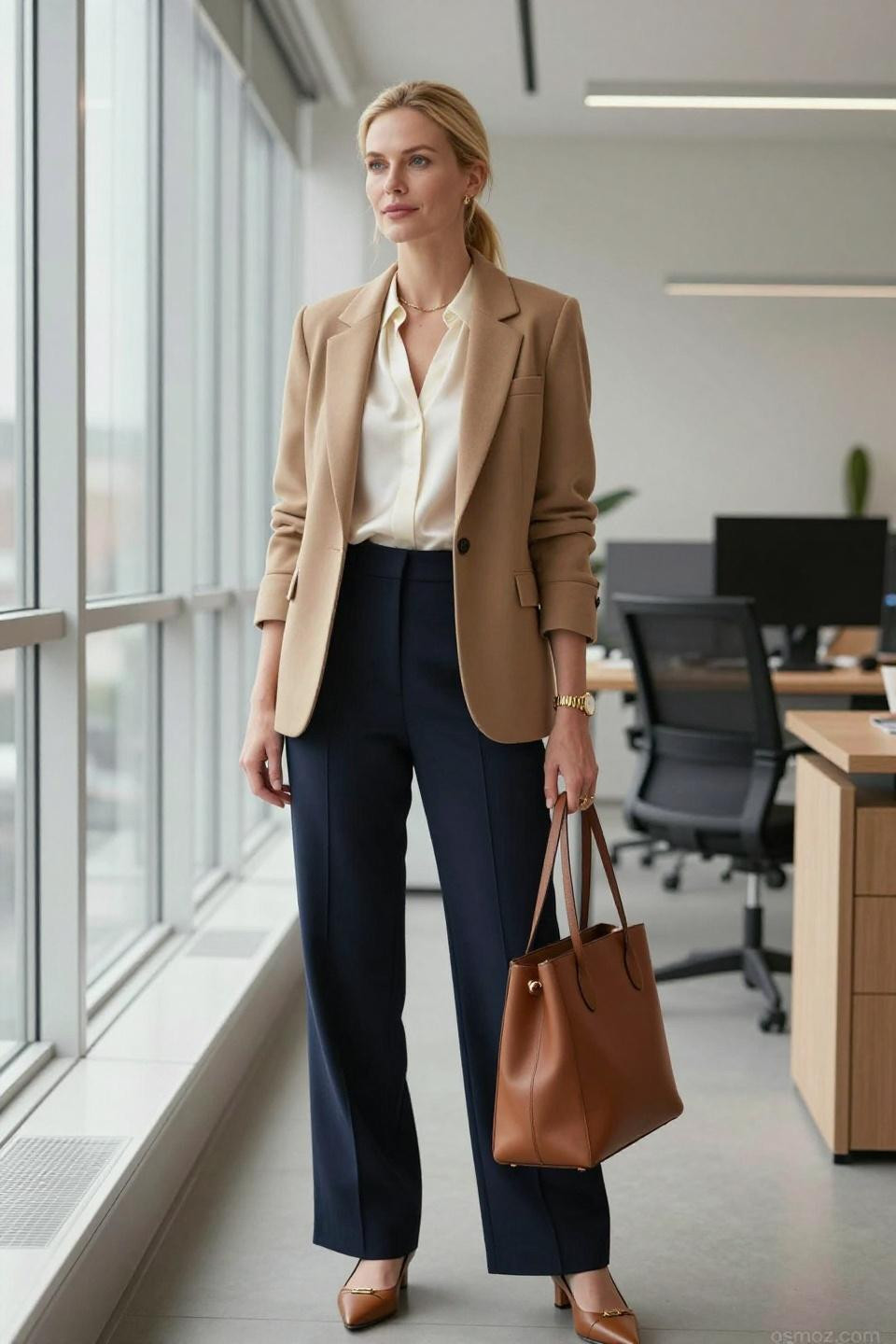 Stylish Work Outfits camel blazer cream blouse navy trousers minimalist professional styling