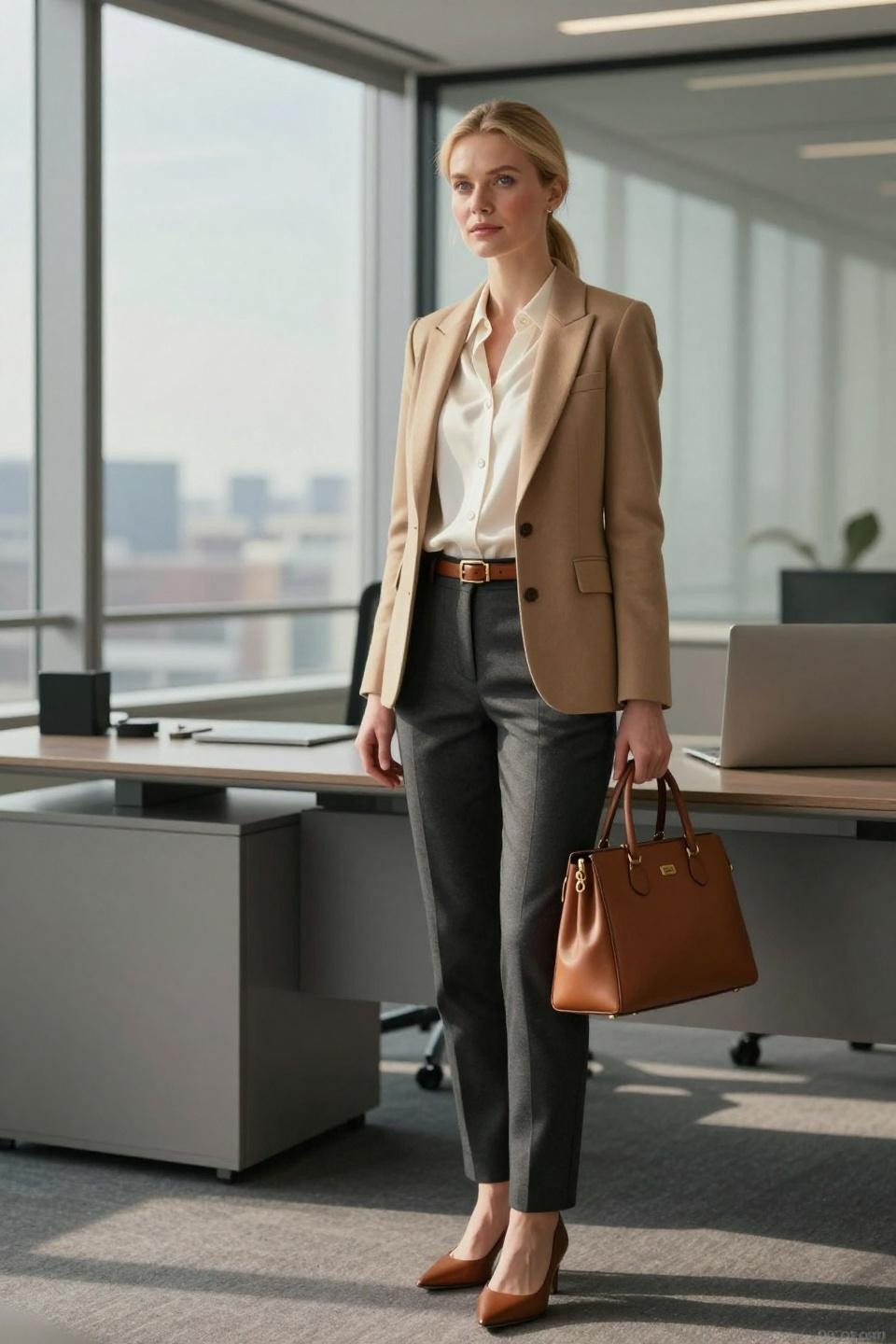 Business Casual Looks camel blazer ivory blouse charcoal trousers executive styling