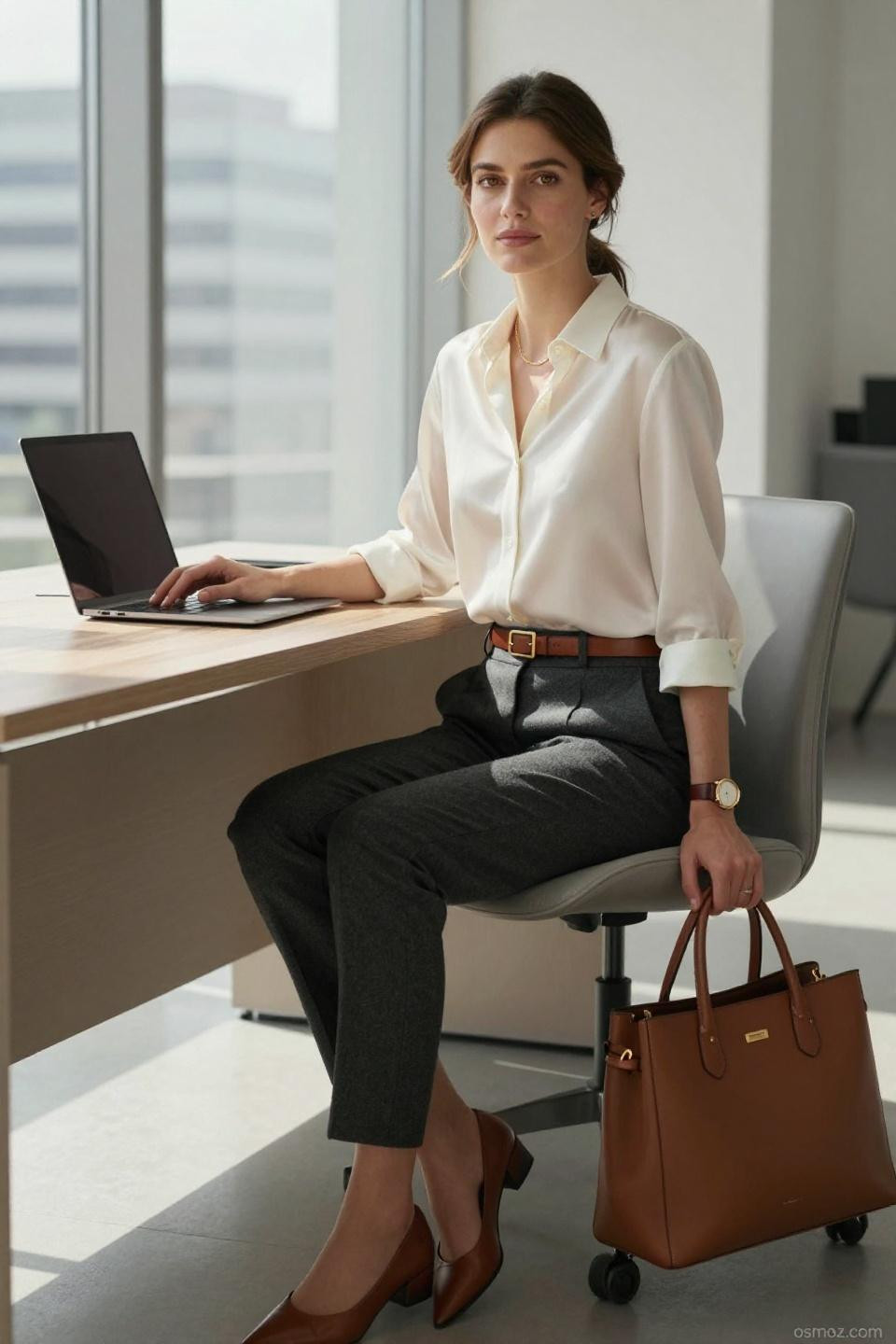 Office Look ivory silk blouse charcoal trousers cognac accessories professional styling