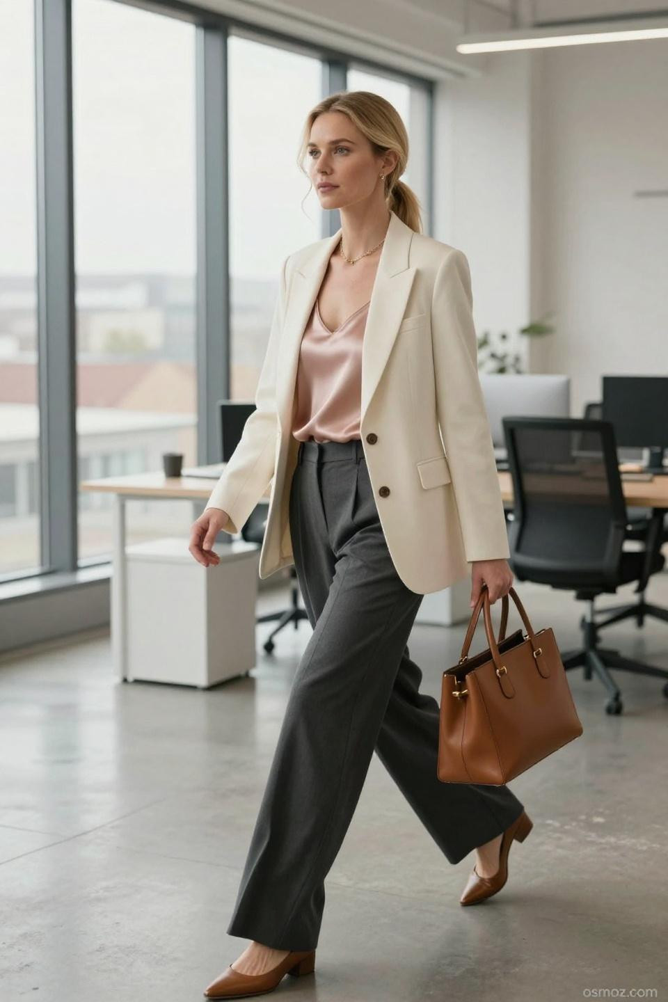 Teacher Outfits cream blazer charcoal wide-leg trousers comfortable professional styling