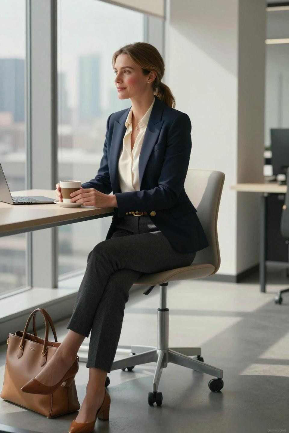 Professional Casual Outfits navy blazer cream blouse charcoal trousers office styling