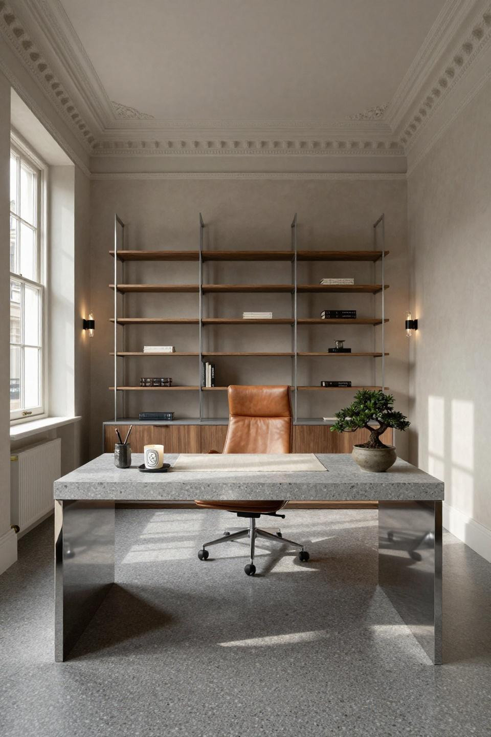 Work from home office aesthetic displaying pale grey terrazzo desk in London townhouse