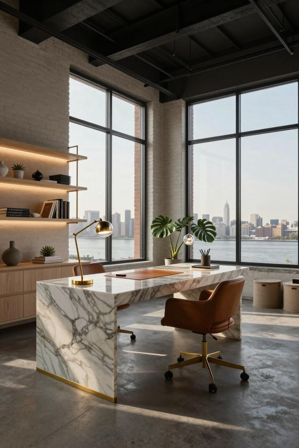 Work desk aesthetic office featuring floating Calacatta marble desk with brass details