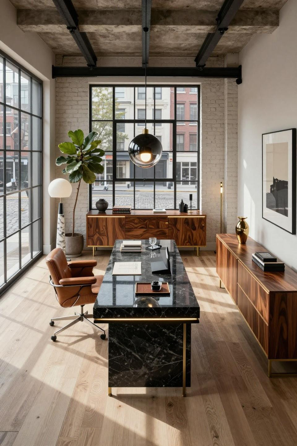 Office job aesthetic showcasing Tribeca loft with honed black granite executive desk