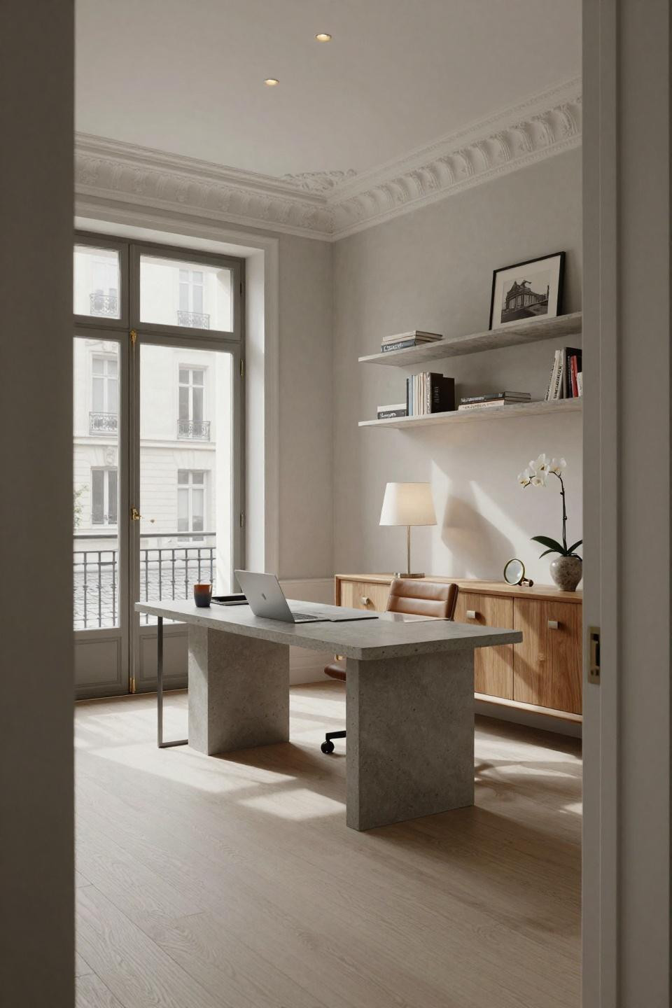 Desk job aesthetic featuring Parisian home office with polished concrete desk and French windows