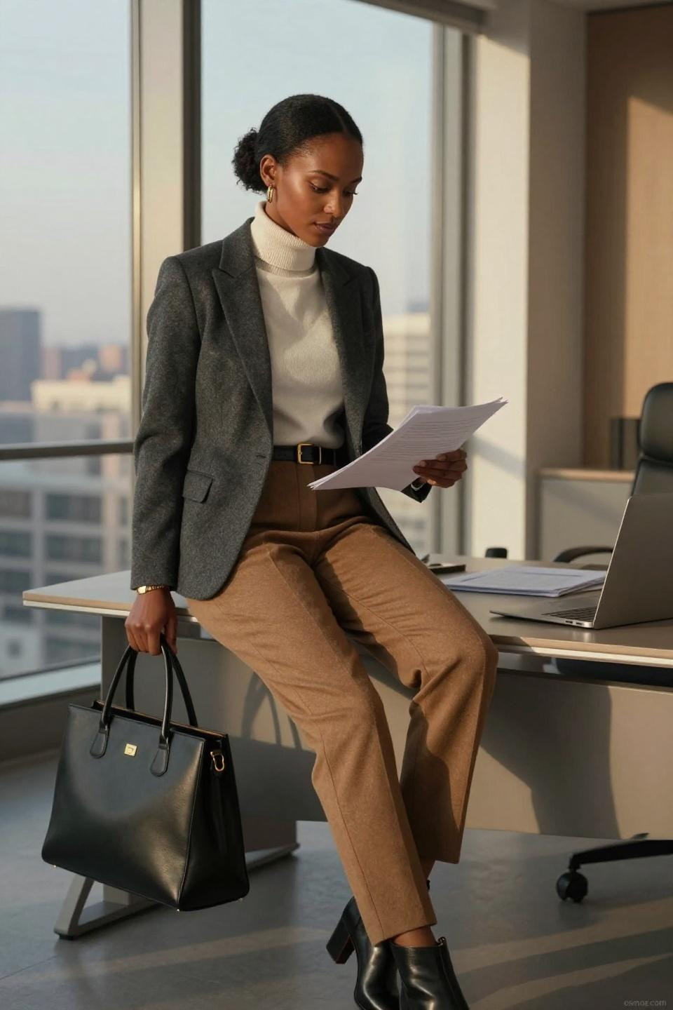 Corporate Winter Outfits charcoal grey wool blazer with camel cashmere turtleneck