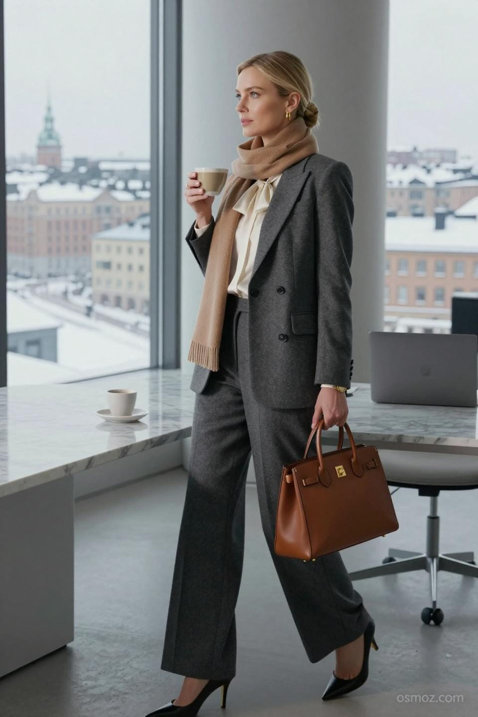 Autumn Office Outfits Women charcoal grey wool blazer with camel cashmere scarf
