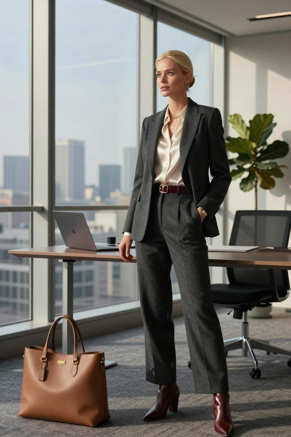 Business Casual Winter Outfits For Women charcoal grey wool blazer with burgundy belt