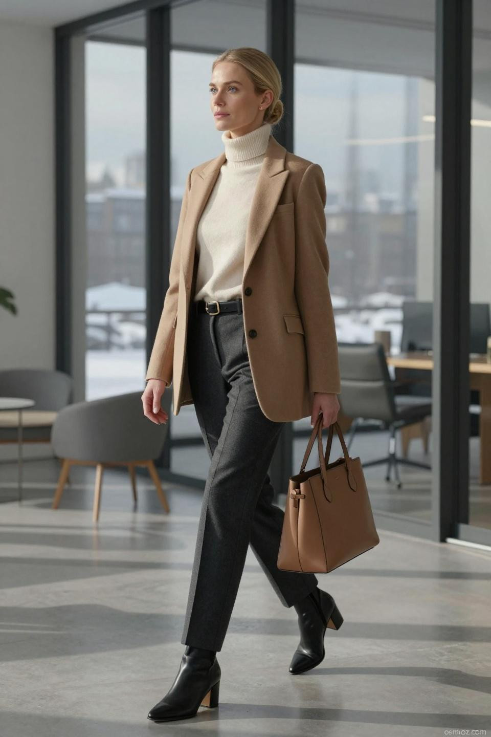 Winter Work Fashion charcoal wool trousers with camel wool blazer