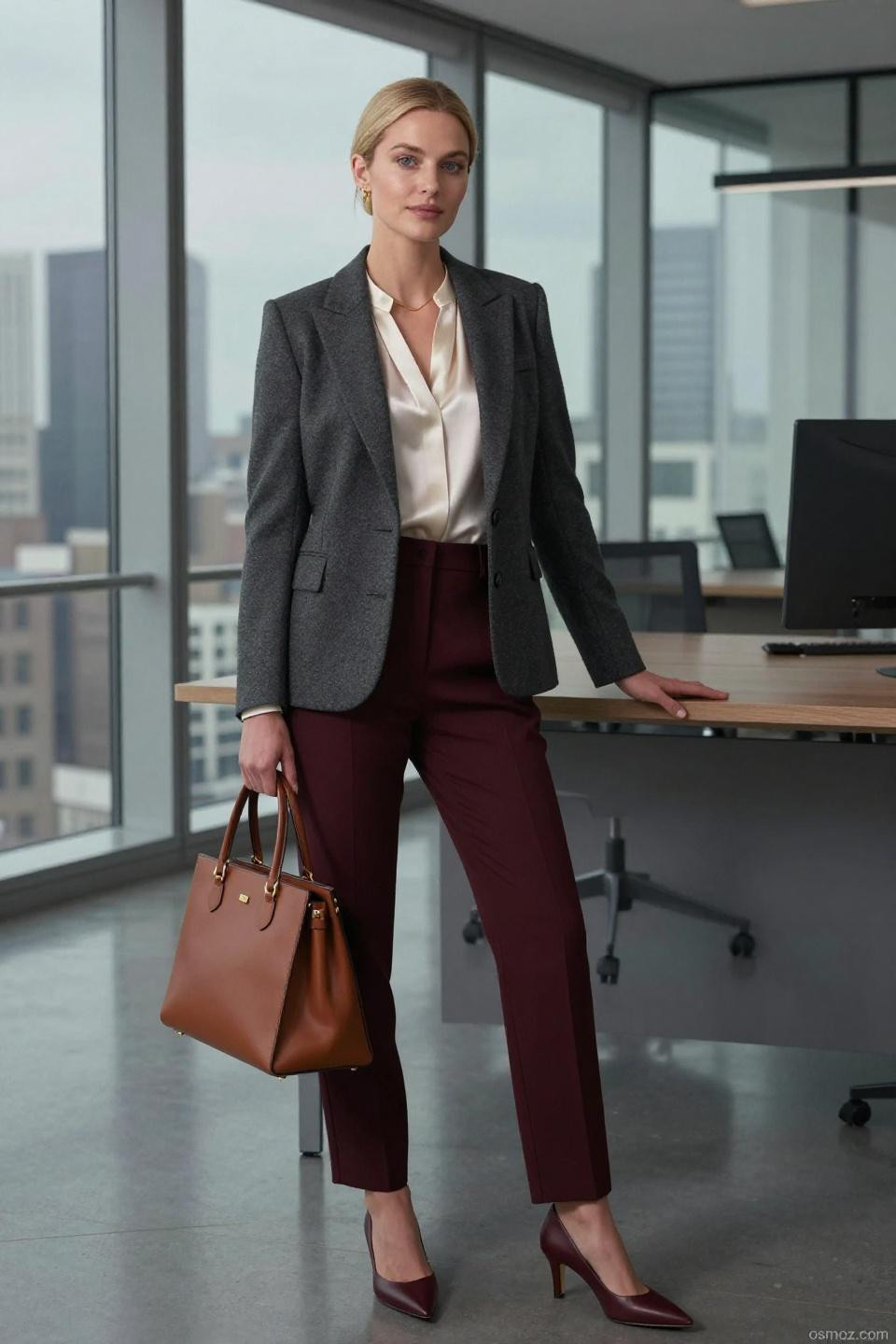 Winter Outfits 2025 Women charcoal grey wool blazer with burgundy trousers