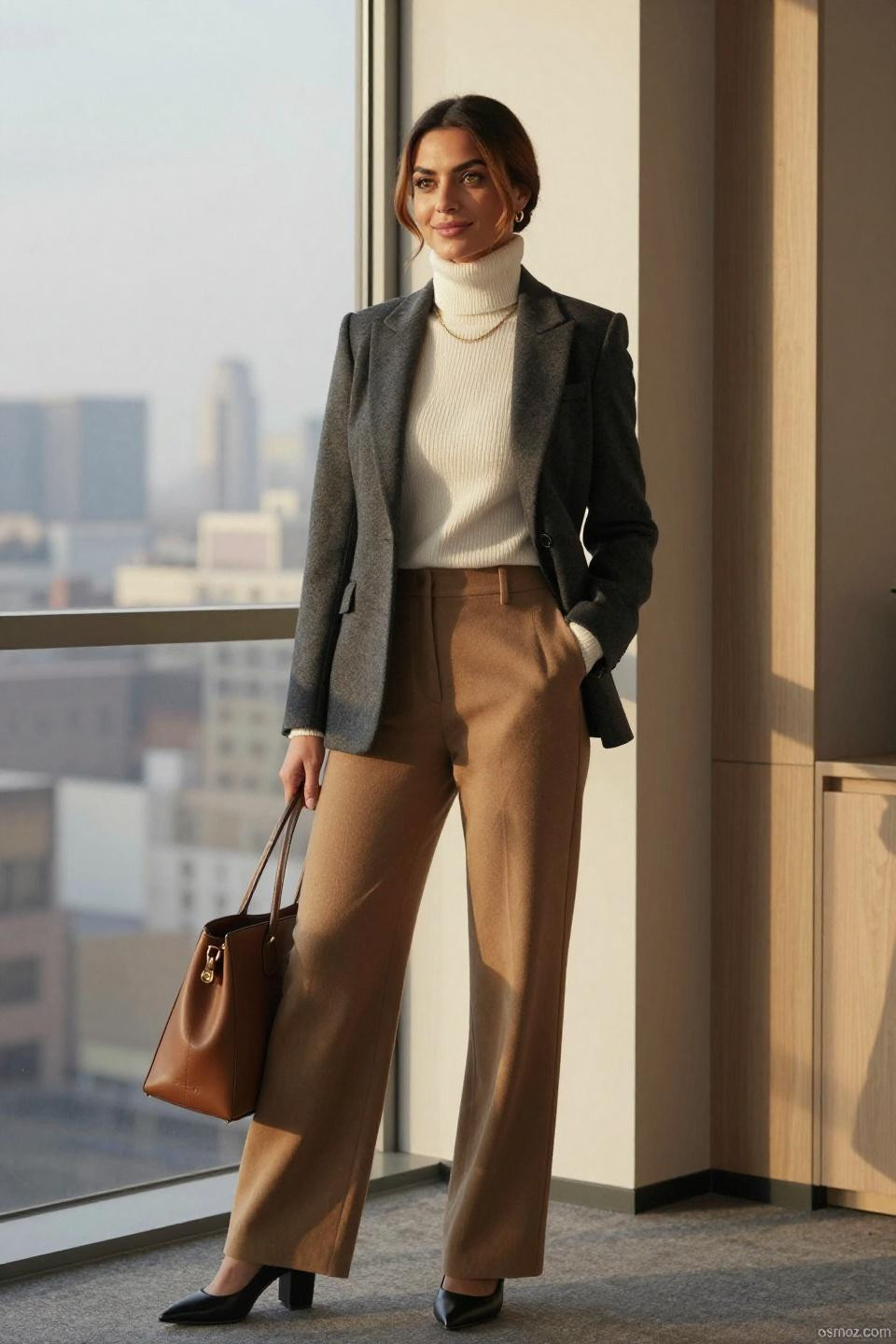 Cute Professional Outfits charcoal grey wool blazer with camel wide-leg trousers