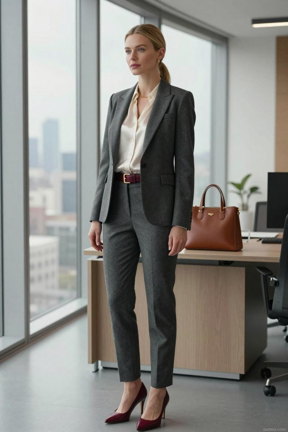 Winter Office Fashion charcoal grey wool blazer with burgundy leather details
