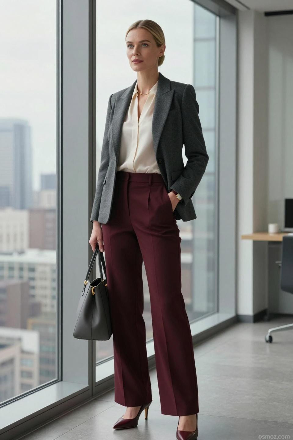 Corporate Outfits Winter charcoal grey wool blazer with burgundy trousers
