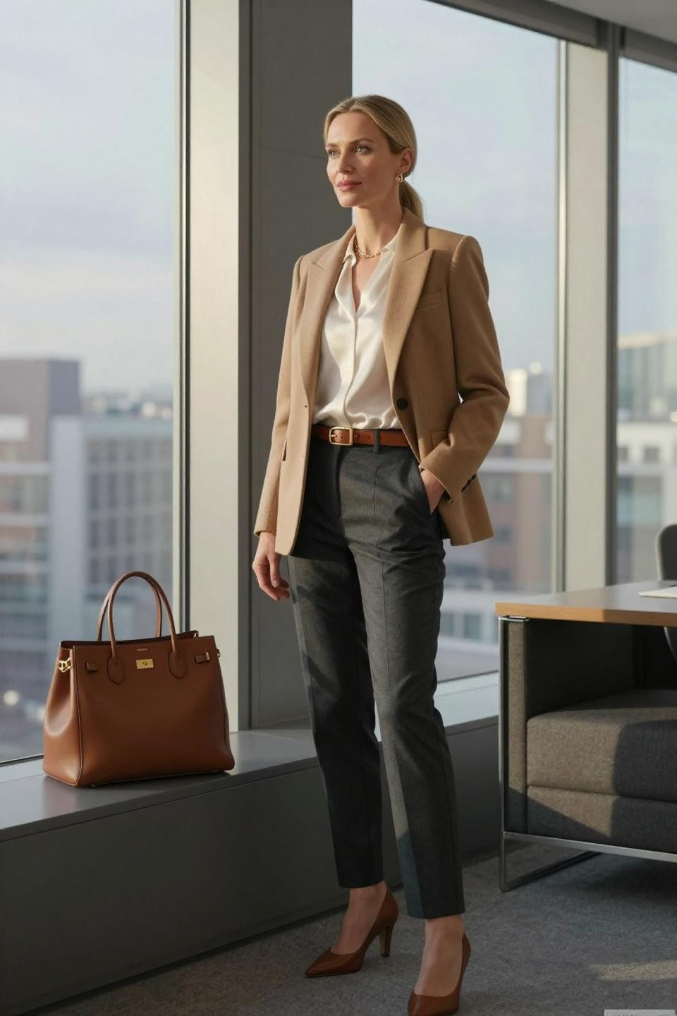 Classy Winter Outfits camel wool blazer with charcoal wool trousers