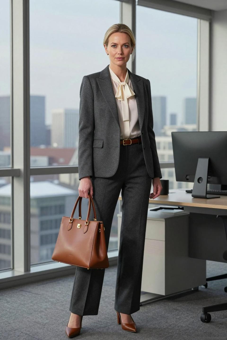 Business Casual Winter Outfits For Women charcoal grey wool blazer with ivory silk blouse