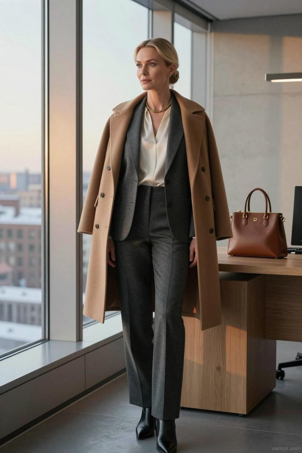 Stylish Work Outfits charcoal grey wool blazer with camel cashmere coat