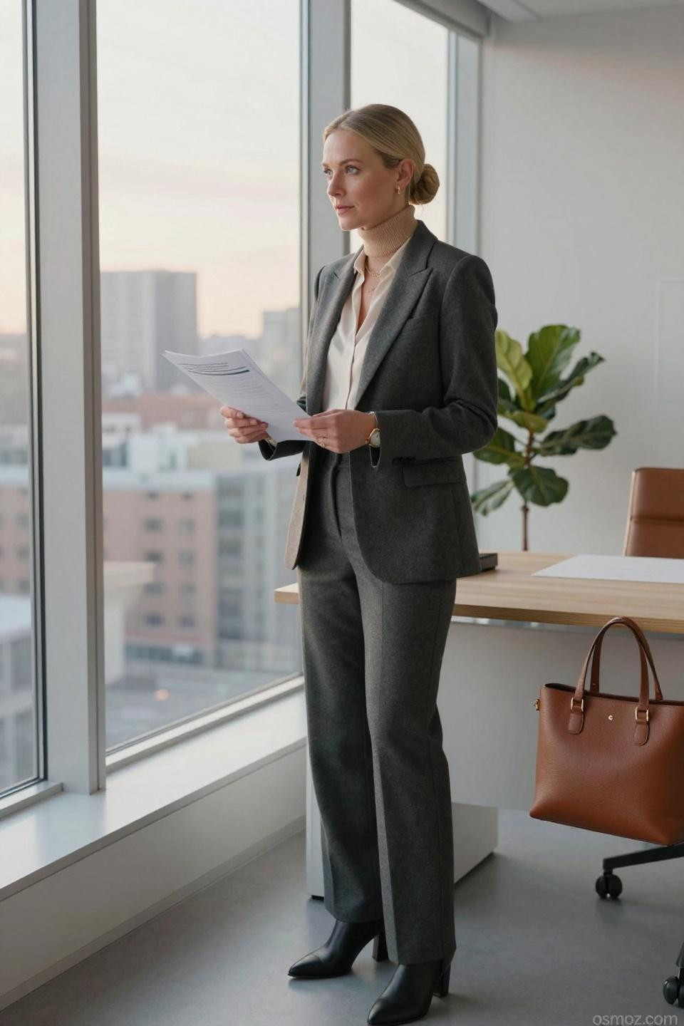 Winter Outfits 2025 Women tailored charcoal grey wool blazer with camel cashmere turtleneck
