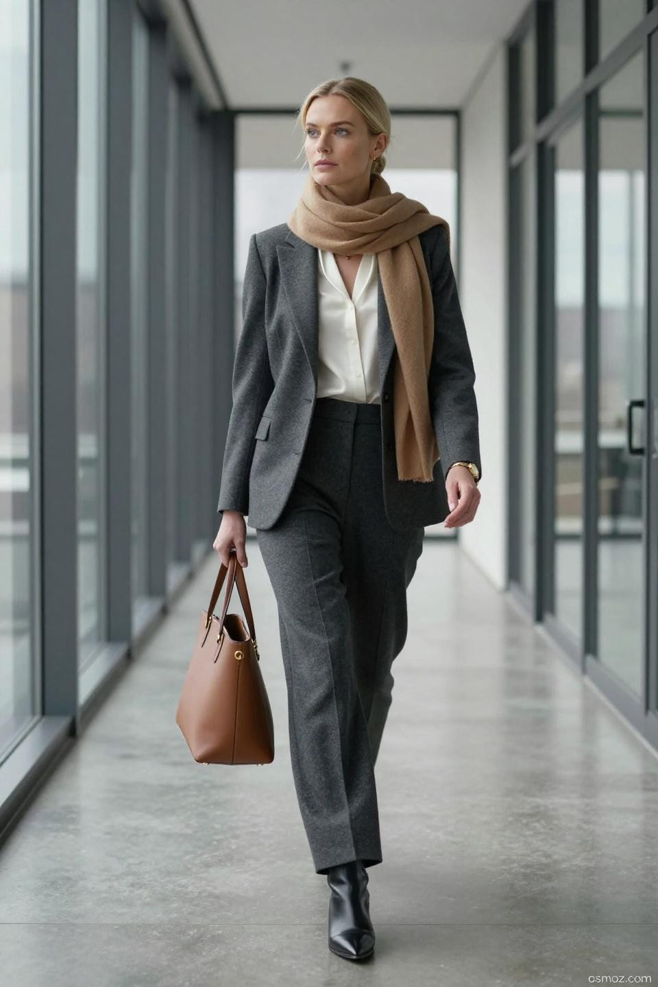 Cute Professional Outfits structured charcoal grey wool blazer with camel cashmere
