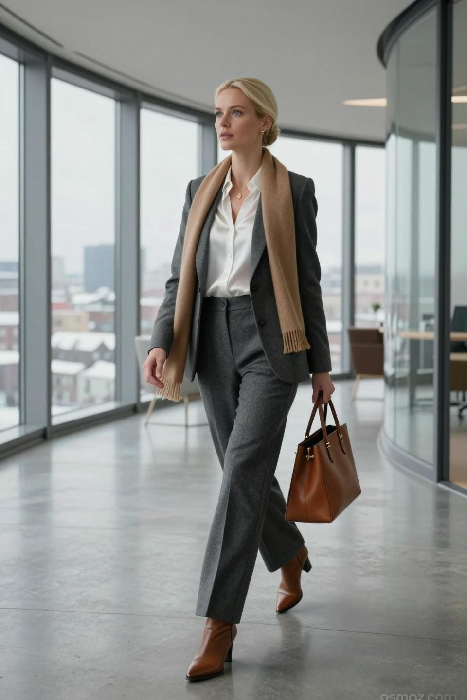 Corporate Winter Outfits charcoal wool blazer with camel cashmere scarf