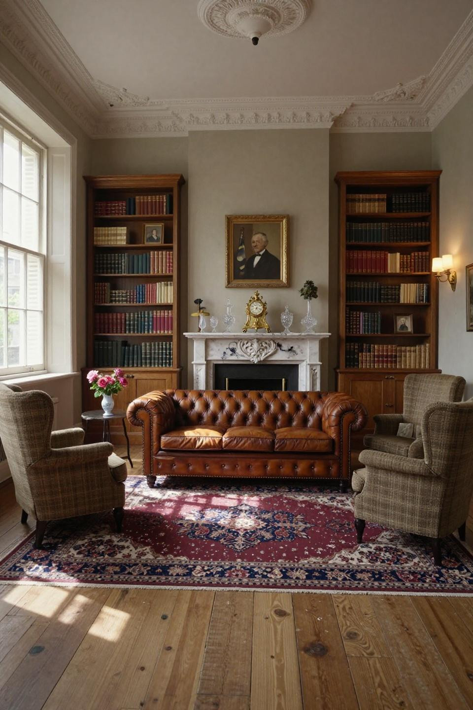 Classic living room decor traditional with Ralph Lauren tartan chairs and Carrara marble fireplace