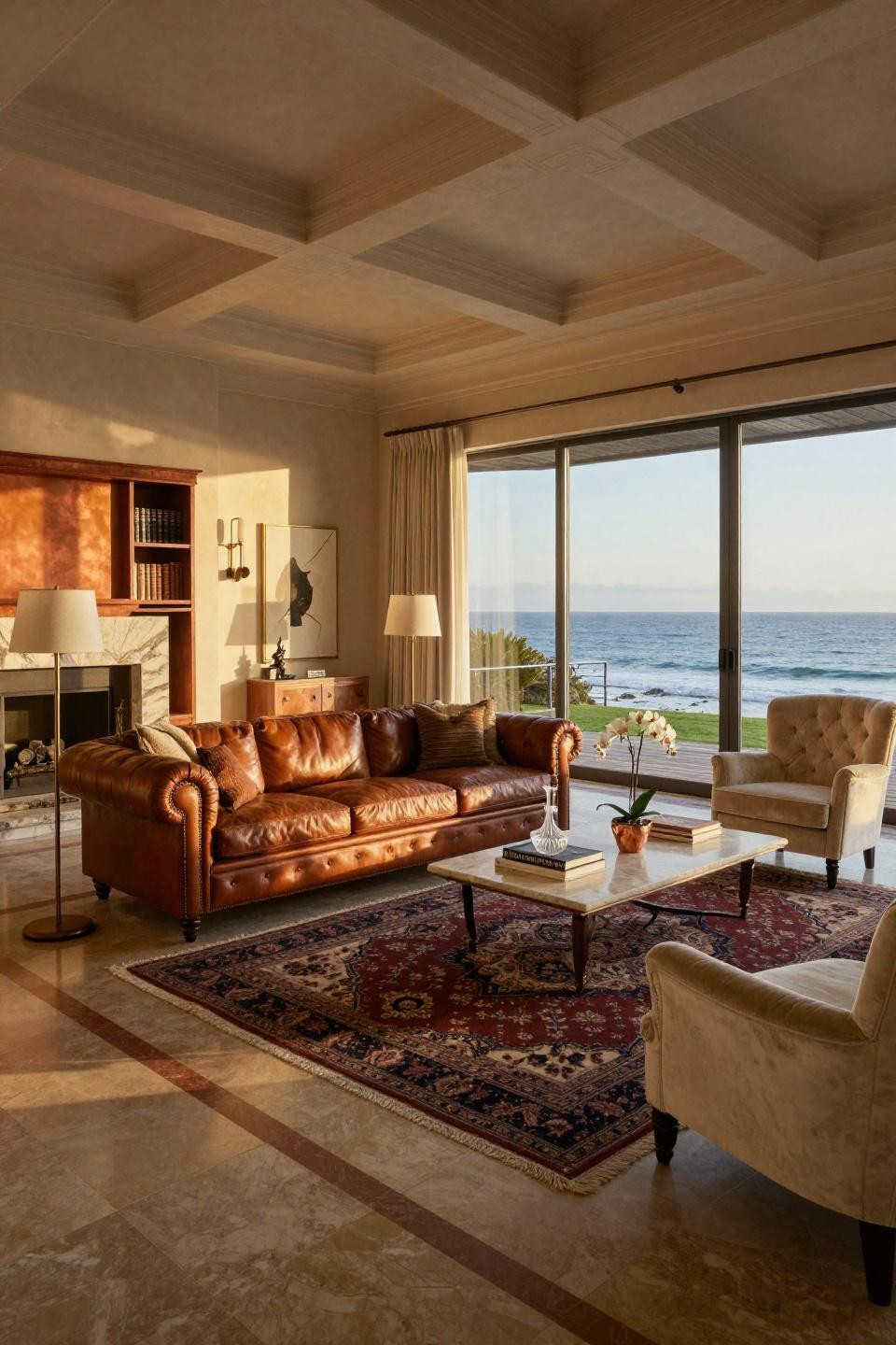 Classic living room decor traditional in Malibu with quartzite floors and copper accents