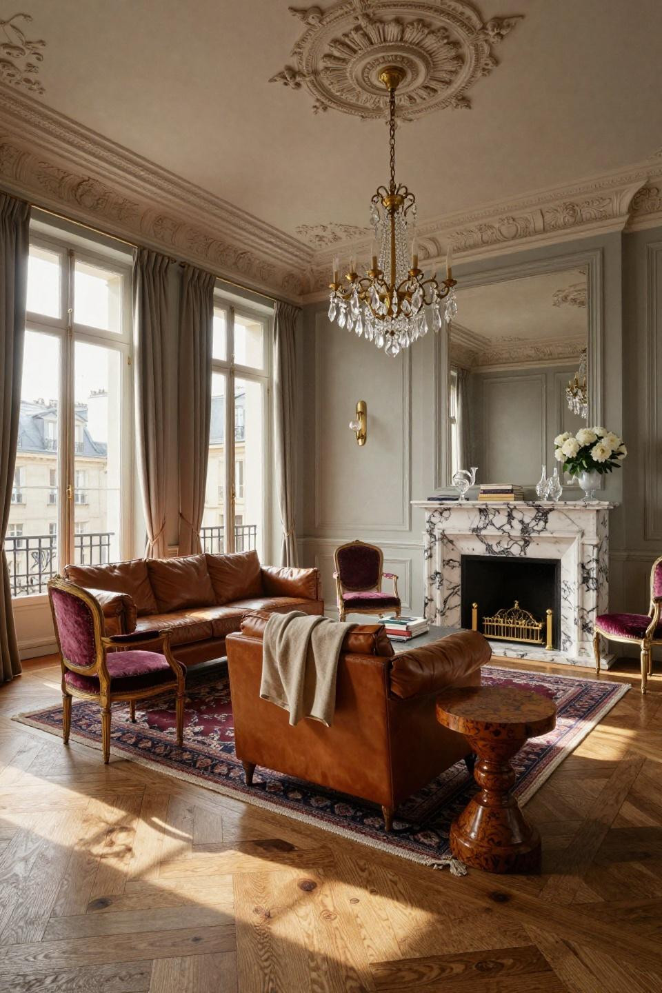 Classic living room decor traditional with Christian Liaigre custom sofa and Louis XVI bergère chairs
