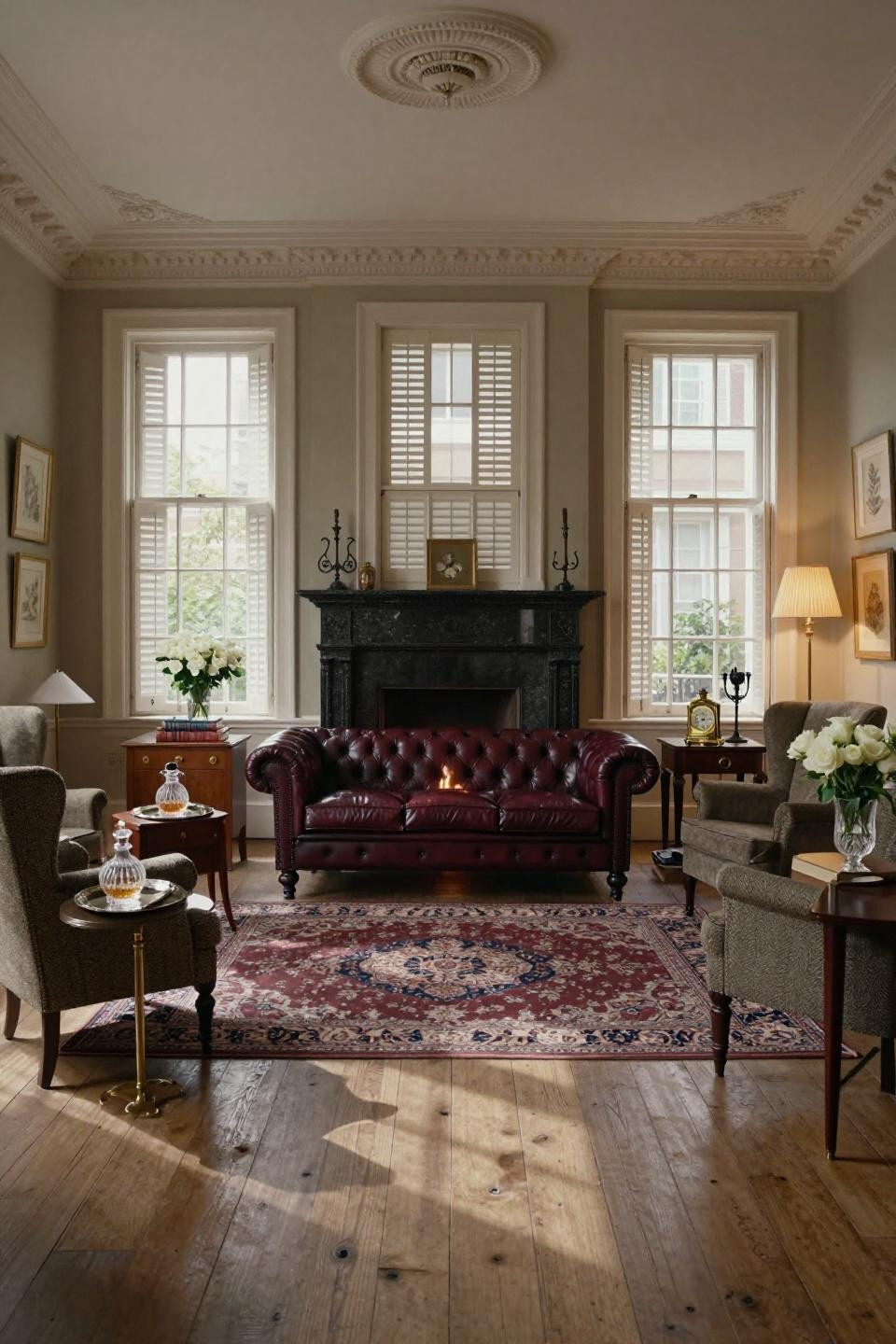 Classic living room decor traditional style with Absolute Black granite fireplace and burgundy Chesterfield