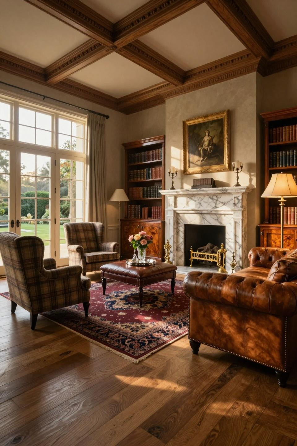 Classic style living room with Calacatta Gold marble fireplace and walnut burl bookcases