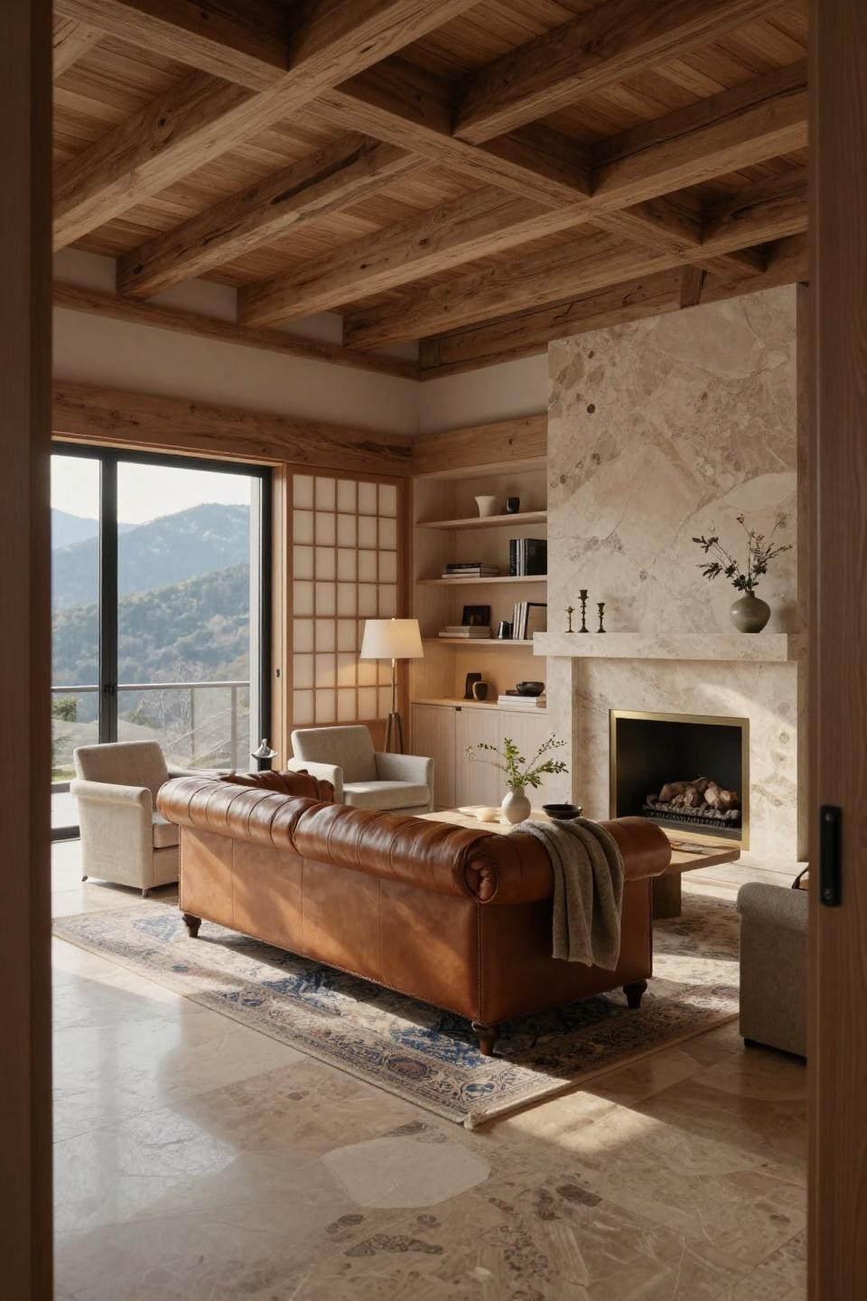 New classic interior design living rooms with Japanese joinery and limestone fireplace