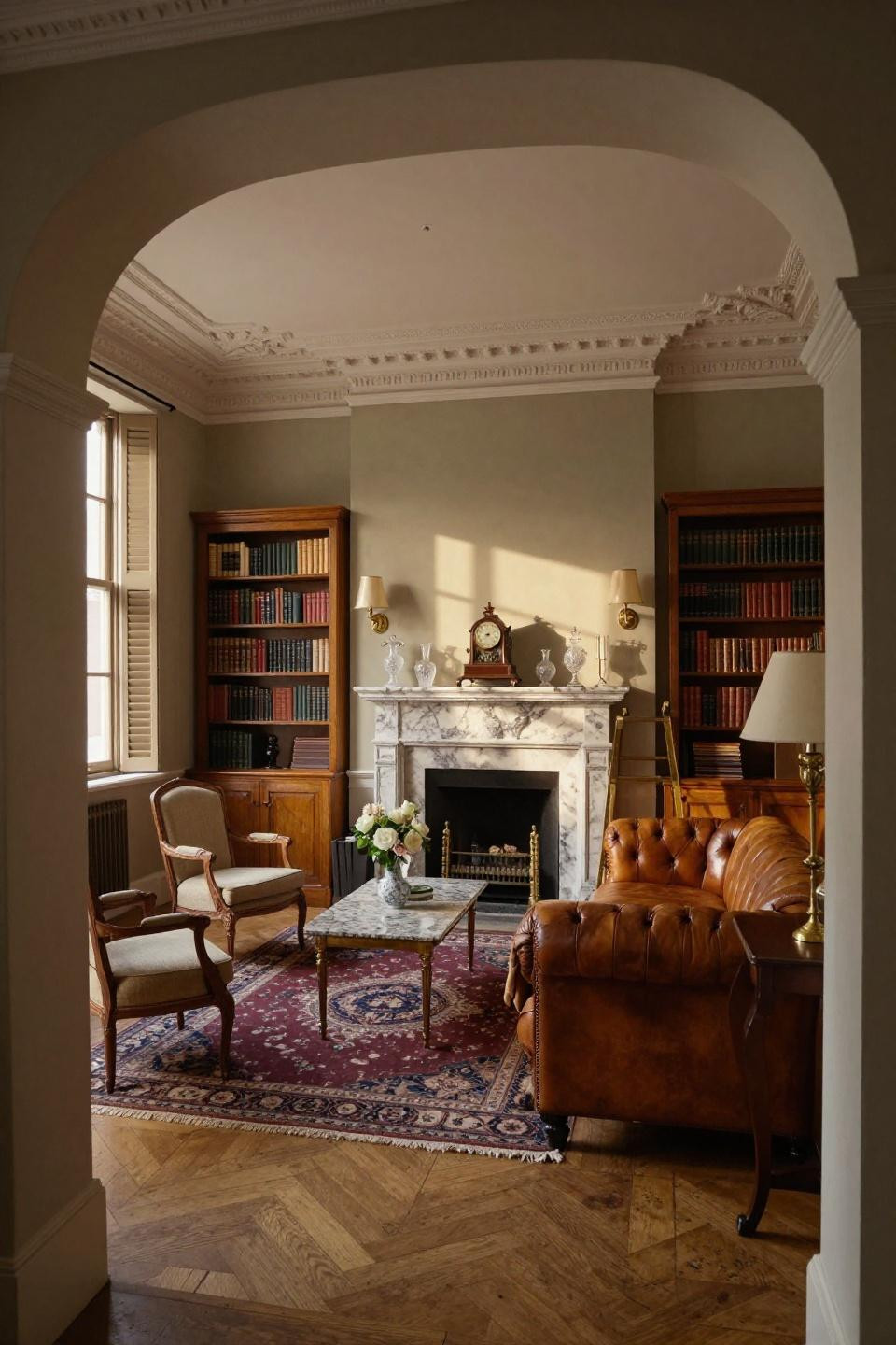 Classic home design living room viewed through Georgian arched doorway with herringbone oak floors